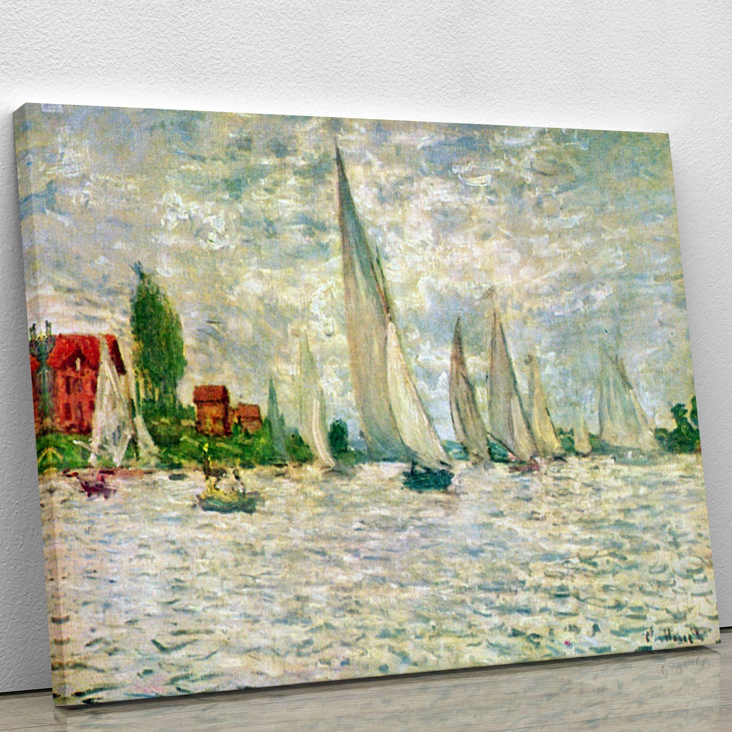 Canvas print of Monet's Sailboats Regatta in Argenteuil, showcasing vibrant colors and serene sailing scene.