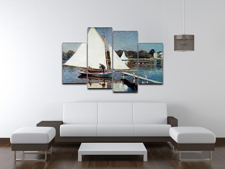 A beautiful 4-split canvas artwork featuring Monet's Sailing At Argenteuil, showcasing vibrant colors and serene sailing scenes.