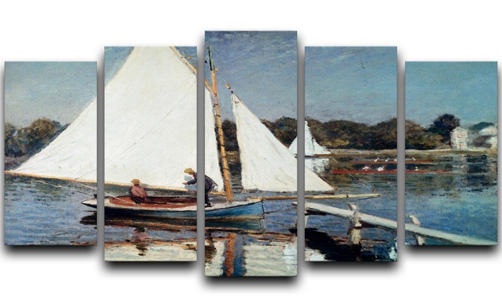 5 split panel canvas artwork of Monet's Sailing At Argenteuil, showcasing vibrant colors and serene sailing scene.