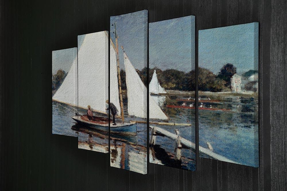 5 split panel canvas artwork of Monet's Sailing At Argenteuil, showcasing vibrant colors and serene sailing scene.