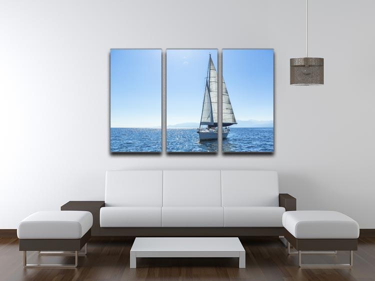 A beautiful 3-panel canvas print featuring sailing ships with white sails against a serene backdrop, perfect for home decor.
