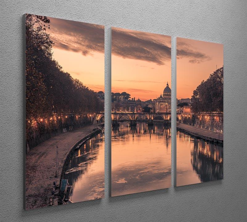A stunning 3-panel canvas featuring the Saint Angelo Bridge and Tiber River at sunset, showcasing vibrant colors and intricate details.