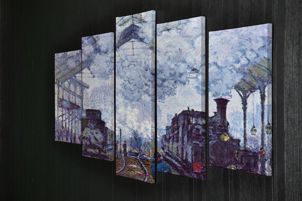 A 5-split canvas artwork depicting Monet's Saint Lazare station with a train arriving, showcasing vibrant colors and dynamic brush strokes.
