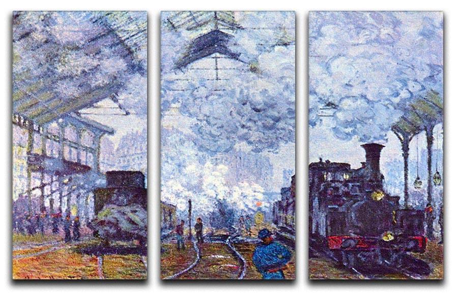 Three-panel canvas art depicting Monet's Saint Lazare train station, showcasing vibrant colors and intricate details.