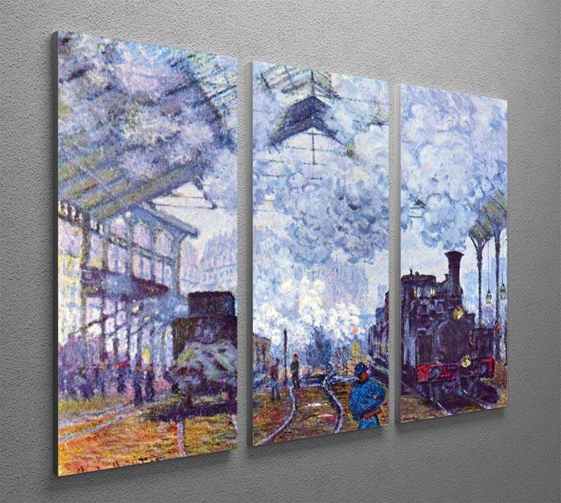 Three-panel canvas art depicting Monet's Saint Lazare train station, showcasing vibrant colors and intricate details.