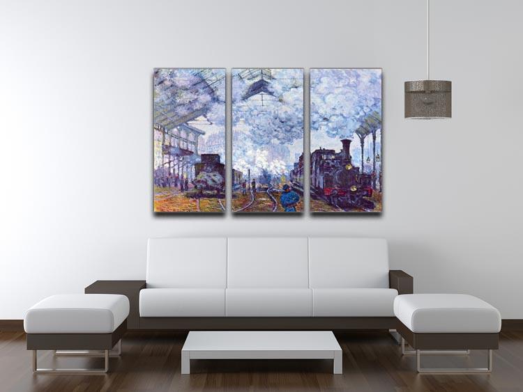 Three-panel canvas art depicting Monet's Saint Lazare train station, showcasing vibrant colors and intricate details.