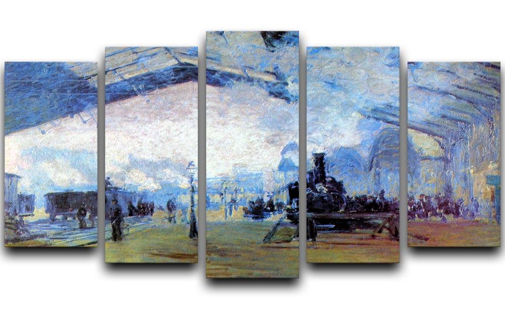 5-split canvas artwork of Monet's Saint Lazare station, showcasing vibrant colors and dynamic scenes of Paris.