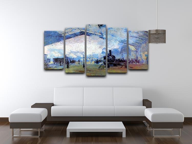 5-split canvas artwork of Monet's Saint Lazare station, showcasing vibrant colors and dynamic scenes of Paris.