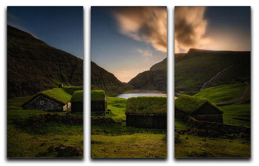 Saksun Village 3 Split Panel Canvas Print showcasing a stunning landscape design across three panels.