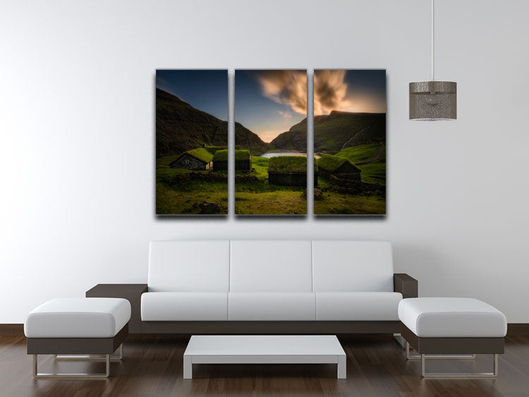Saksun Village 3 Split Panel Canvas Print showcasing a stunning landscape design across three panels.