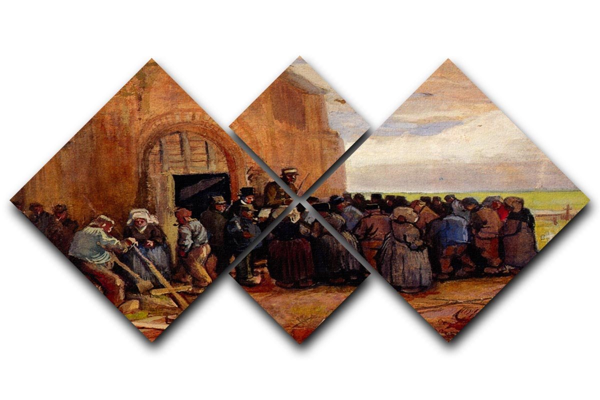 A 4-square multi panel canvas artwork inspired by Van Gogh, featuring building scrap art in vibrant colors.