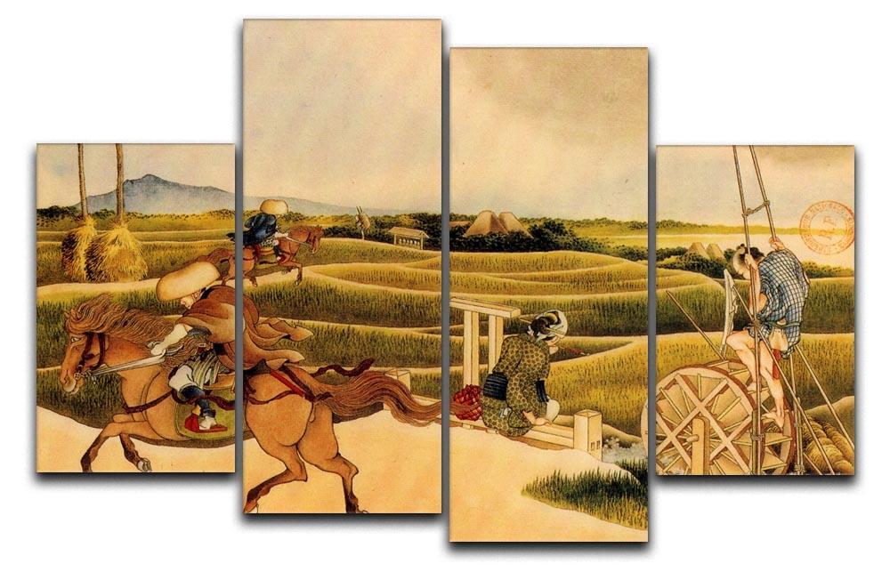 A 4-split canvas artwork featuring samurai riding horses, showcasing intricate details and vibrant colors in a traditional Japanese style.