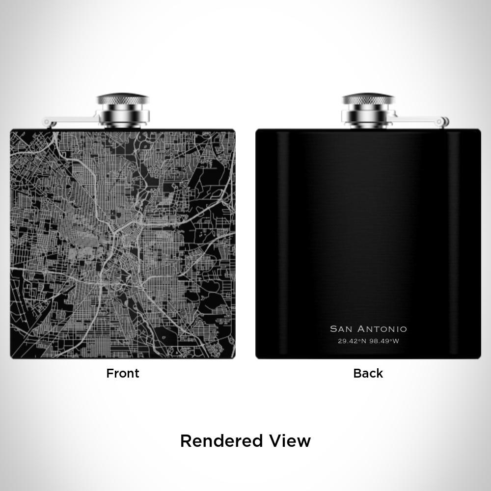 Matte black hip flask featuring a custom engraved map of San Antonio, Texas, with coordinates, alongside a canvas bag and funnel.