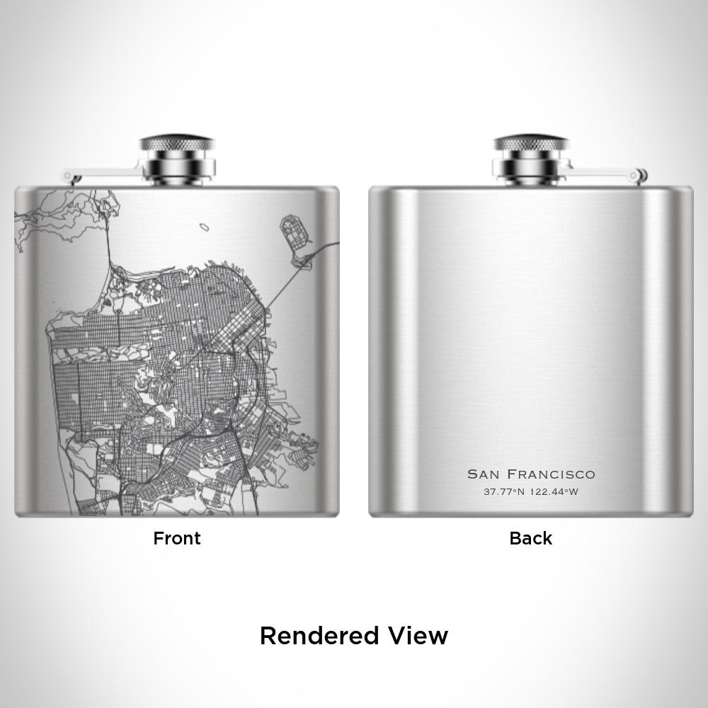 Custom engraved San Francisco map hip flask with canvas bag and funnel.