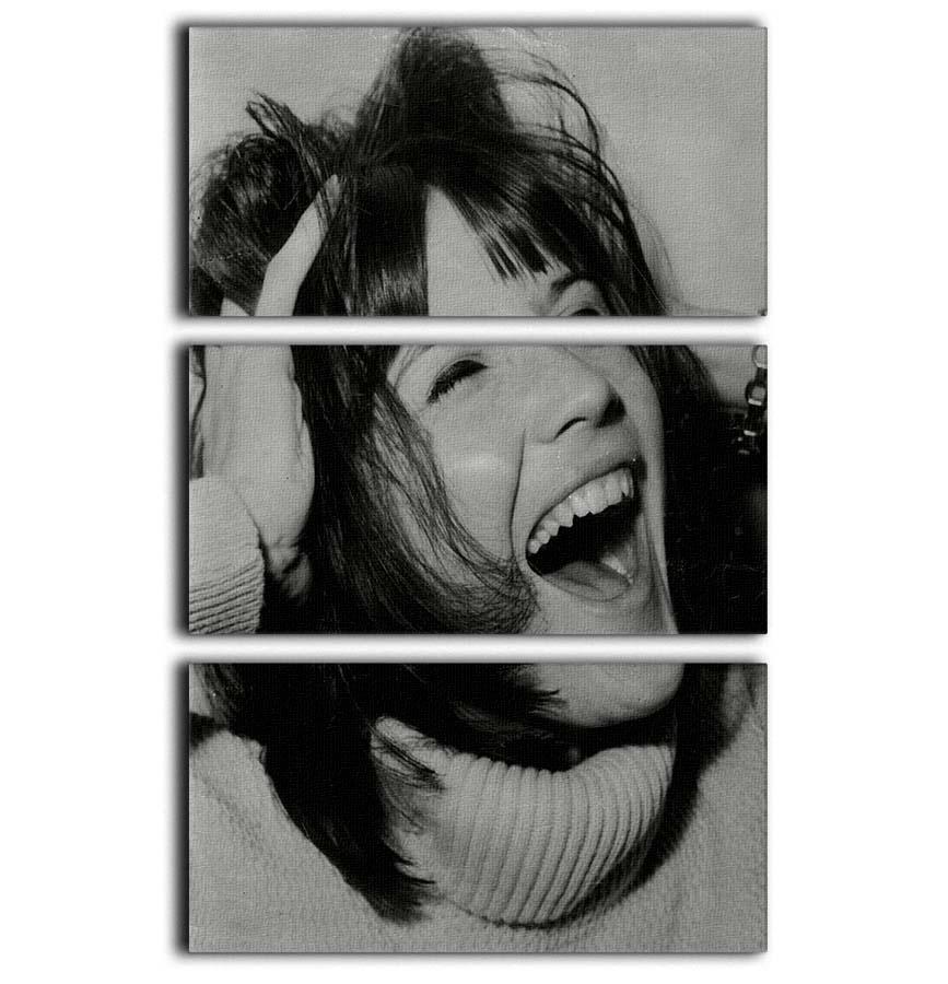 A vibrant 3-panel canvas print featuring Sandie Shaw laughing, perfect for home decor.