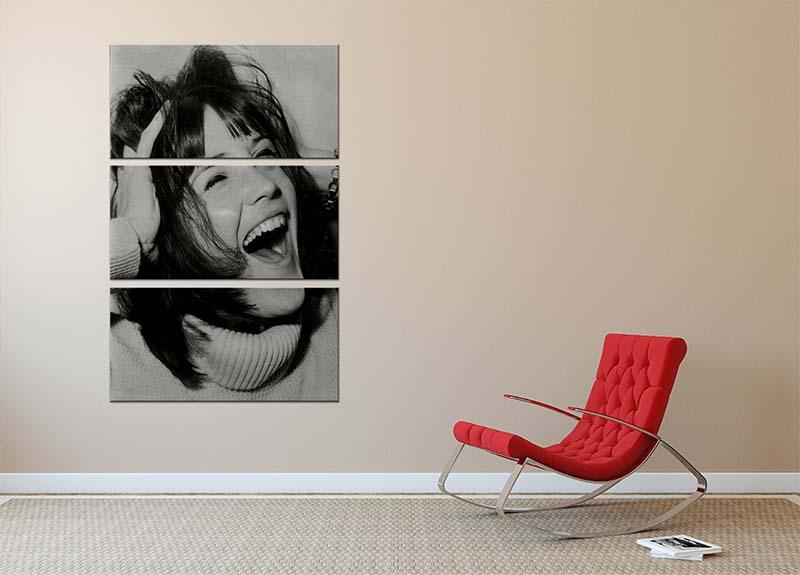 A vibrant 3-panel canvas print featuring Sandie Shaw laughing, perfect for home decor.