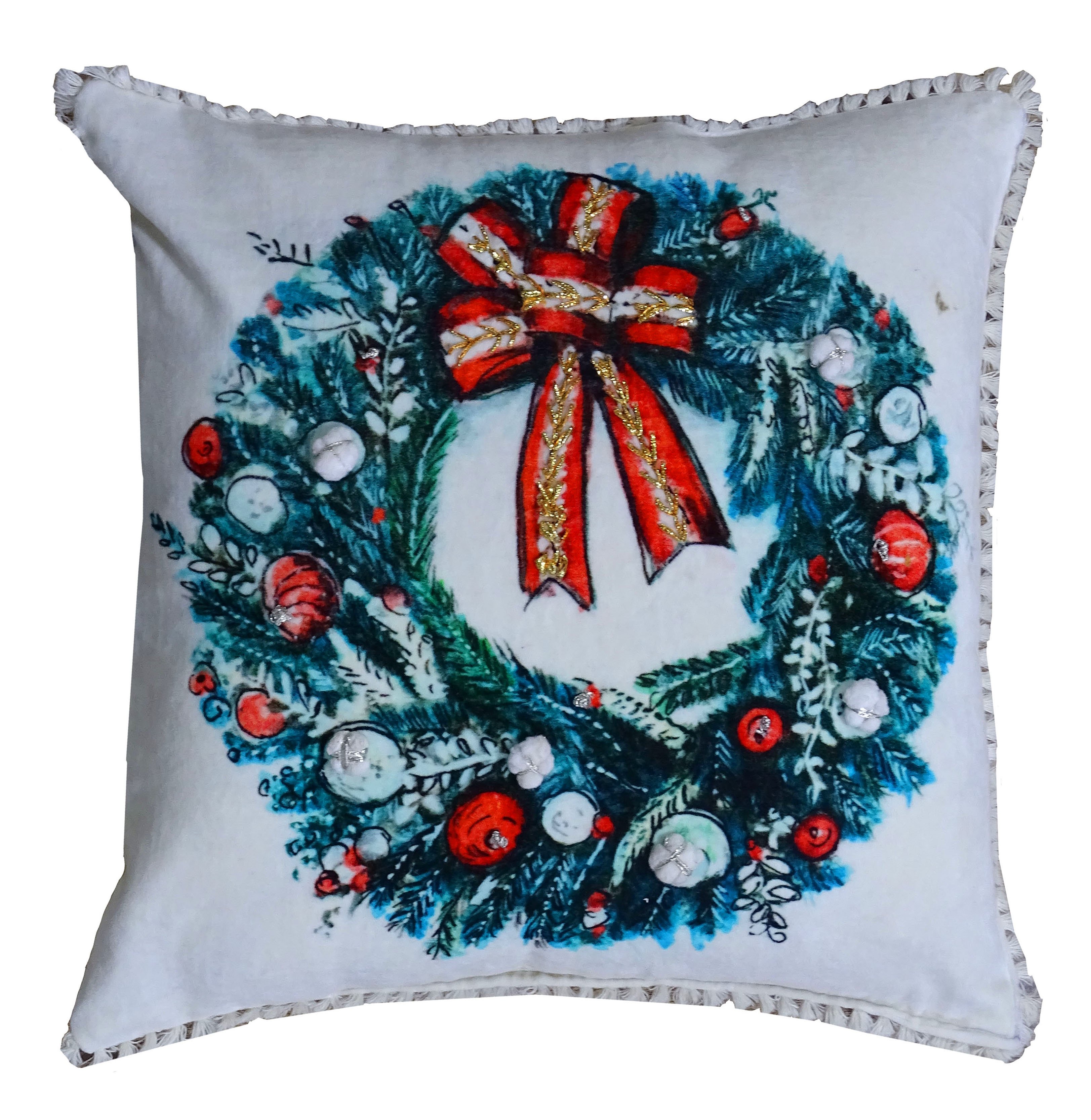 A festive 18x18 Santa decorative holiday pillow featuring a charming Santa illustration, made of soft cotton velvet with a zipper closure.