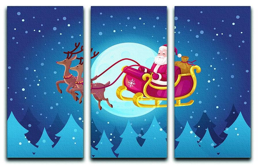 A beautiful 3-panel canvas print depicting Santa flying in his sleigh through a starry night sky, perfect for holiday decor.