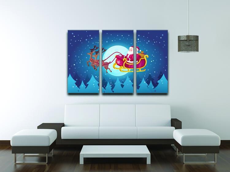 A beautiful 3-panel canvas print depicting Santa flying in his sleigh through a starry night sky, perfect for holiday decor.