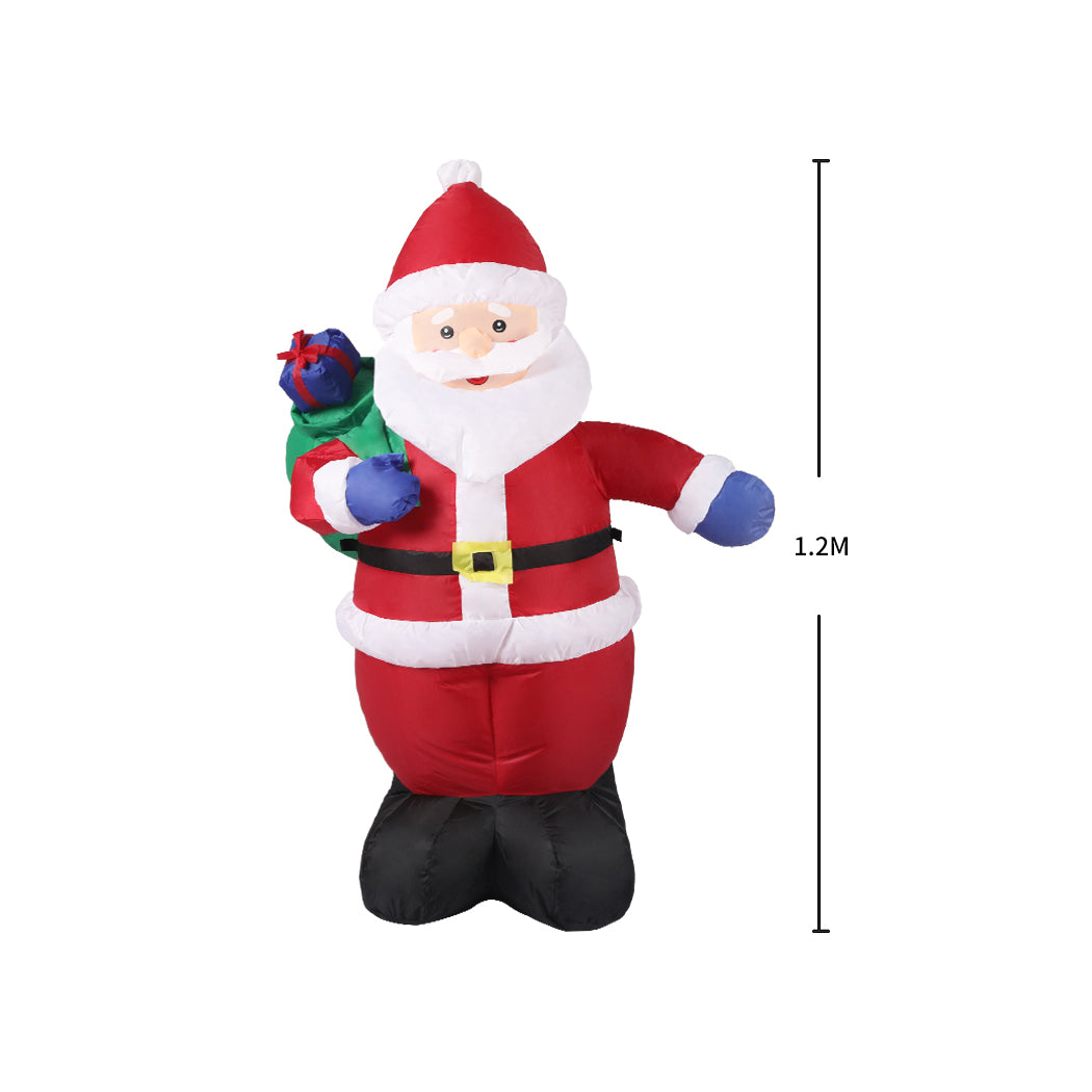 Santaco Inflatable Christmas Decor Sack Santa with LED lights, standing 1.2 meters tall, perfect for festive outdoor and indoor decoration.