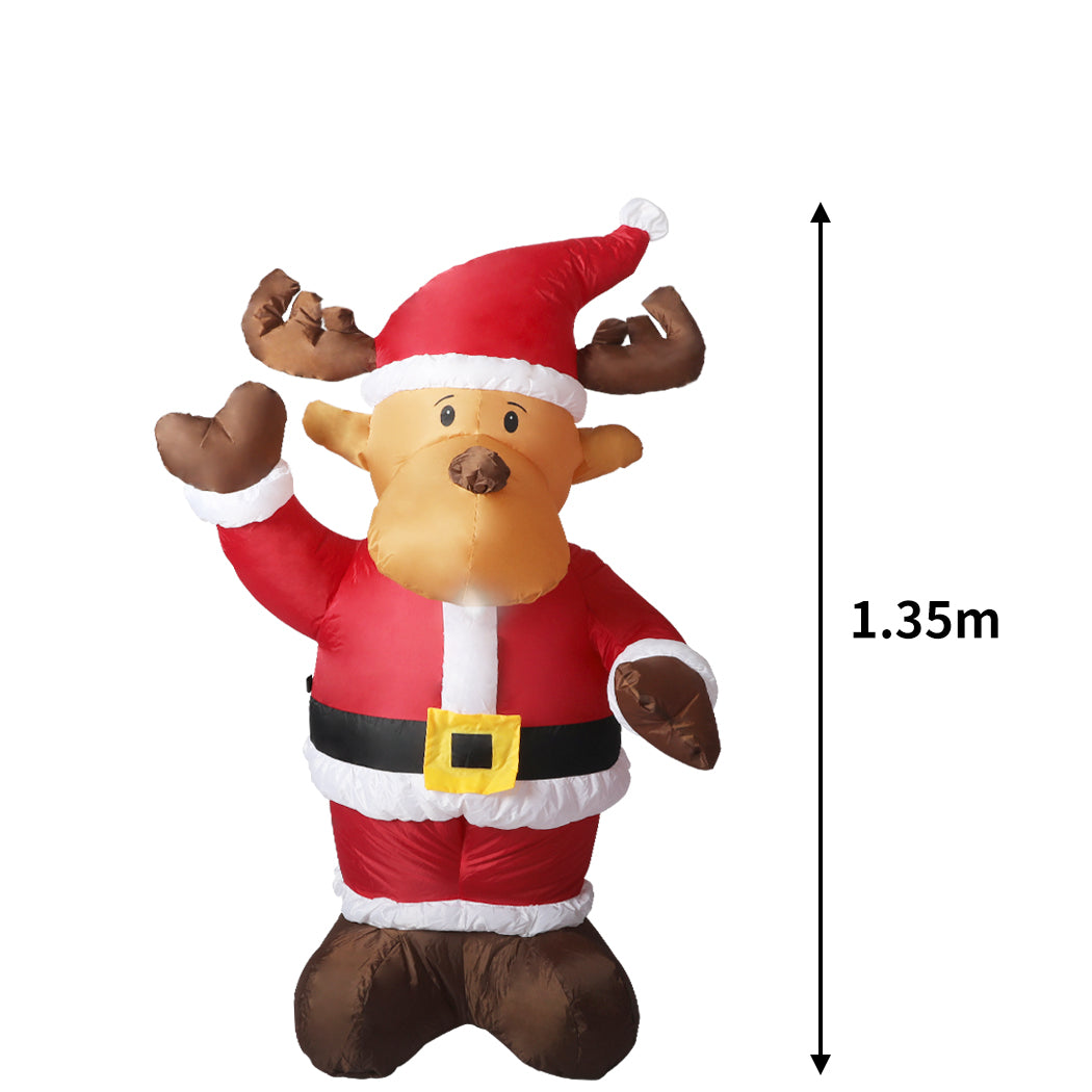 Santaco Inflatable Christmas Decor featuring Santa and Reindeer with LED lights, standing 1.35 meters tall, perfect for festive outdoor decoration.