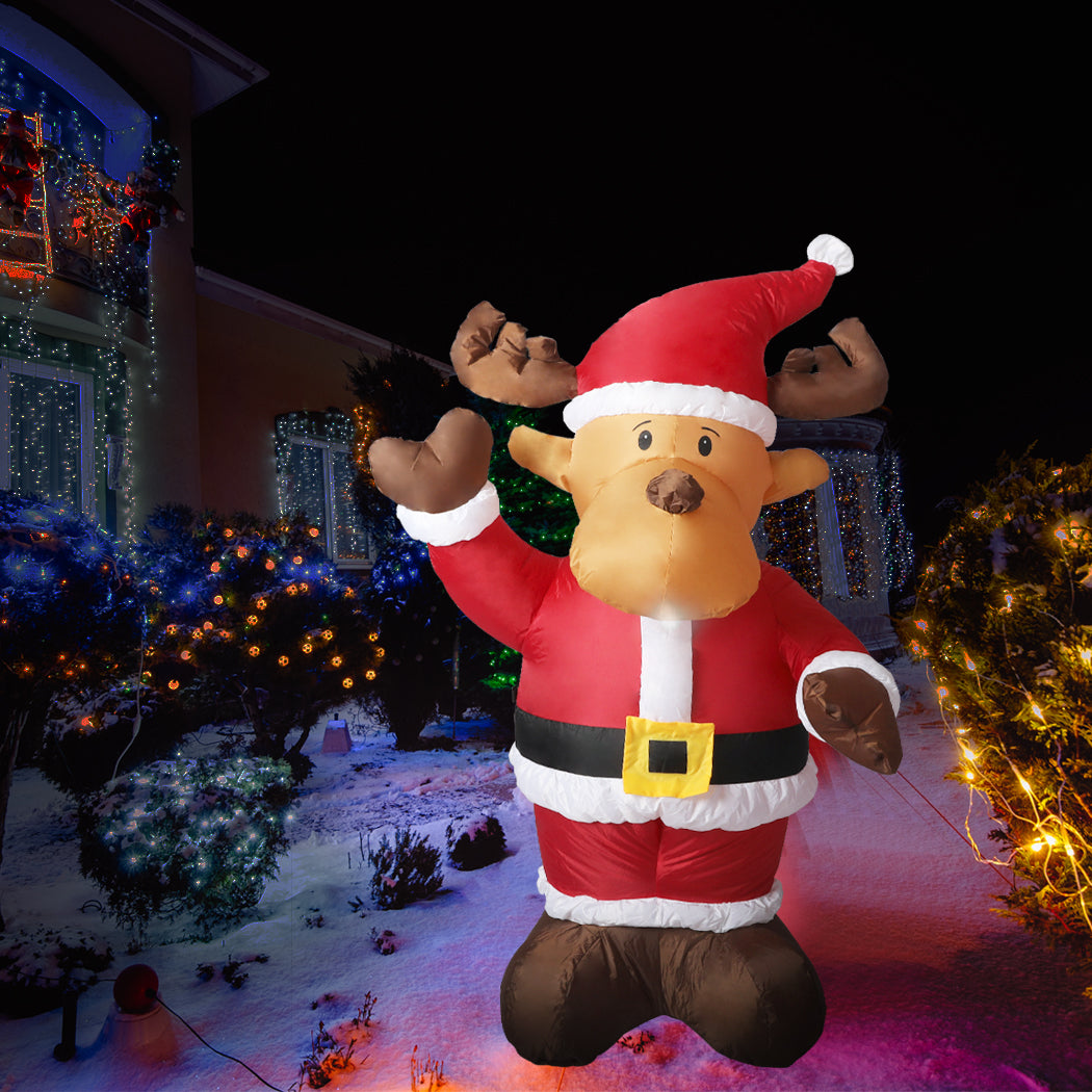 Santaco Inflatable Christmas Decor featuring Santa and Reindeer with LED lights, standing 1.35 meters tall, perfect for festive outdoor decoration.
