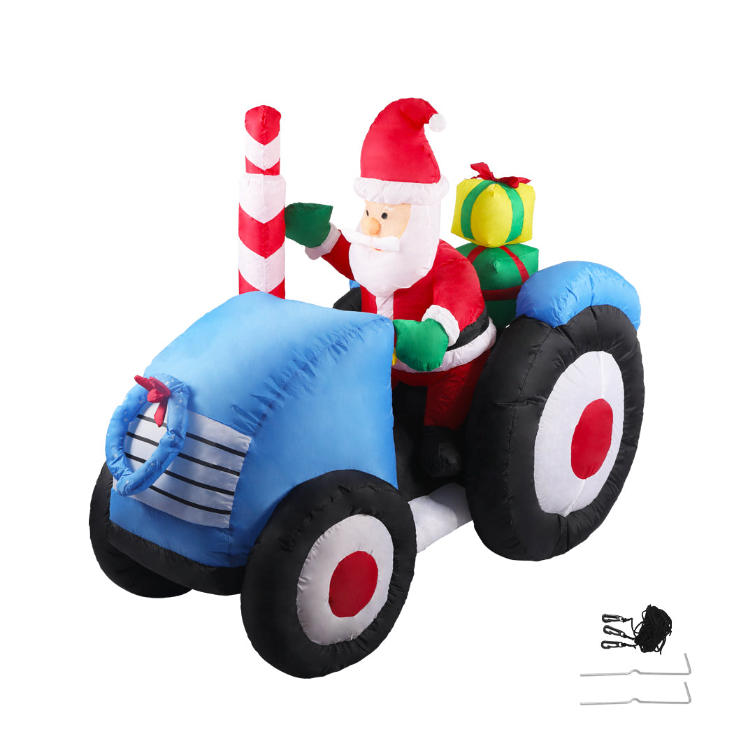 Santaco Inflatable Christmas Decor Tractor Santa with LED lights, standing 1.4 meters tall, perfect for festive outdoor decoration.