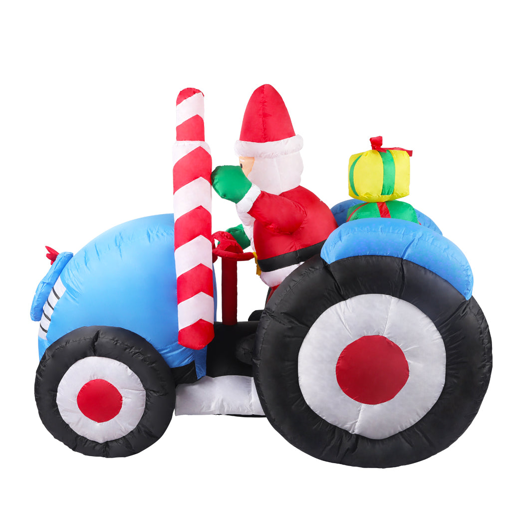 Santaco Inflatable Christmas Decor Tractor Santa with LED lights, standing 1.4 meters tall, perfect for festive outdoor decoration.