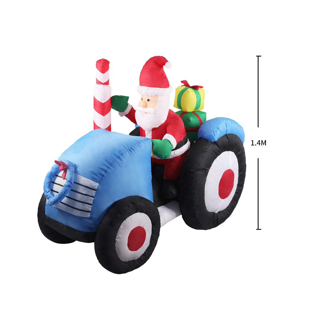 Santaco Inflatable Christmas Decor Tractor Santa with LED lights, standing 1.4 meters tall, perfect for festive outdoor decoration.