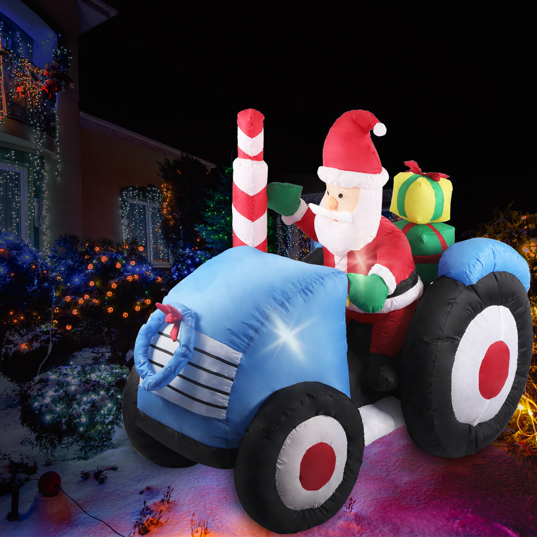 Santaco Inflatable Christmas Decor Tractor Santa with LED lights, standing 1.4 meters tall, perfect for festive outdoor decoration.