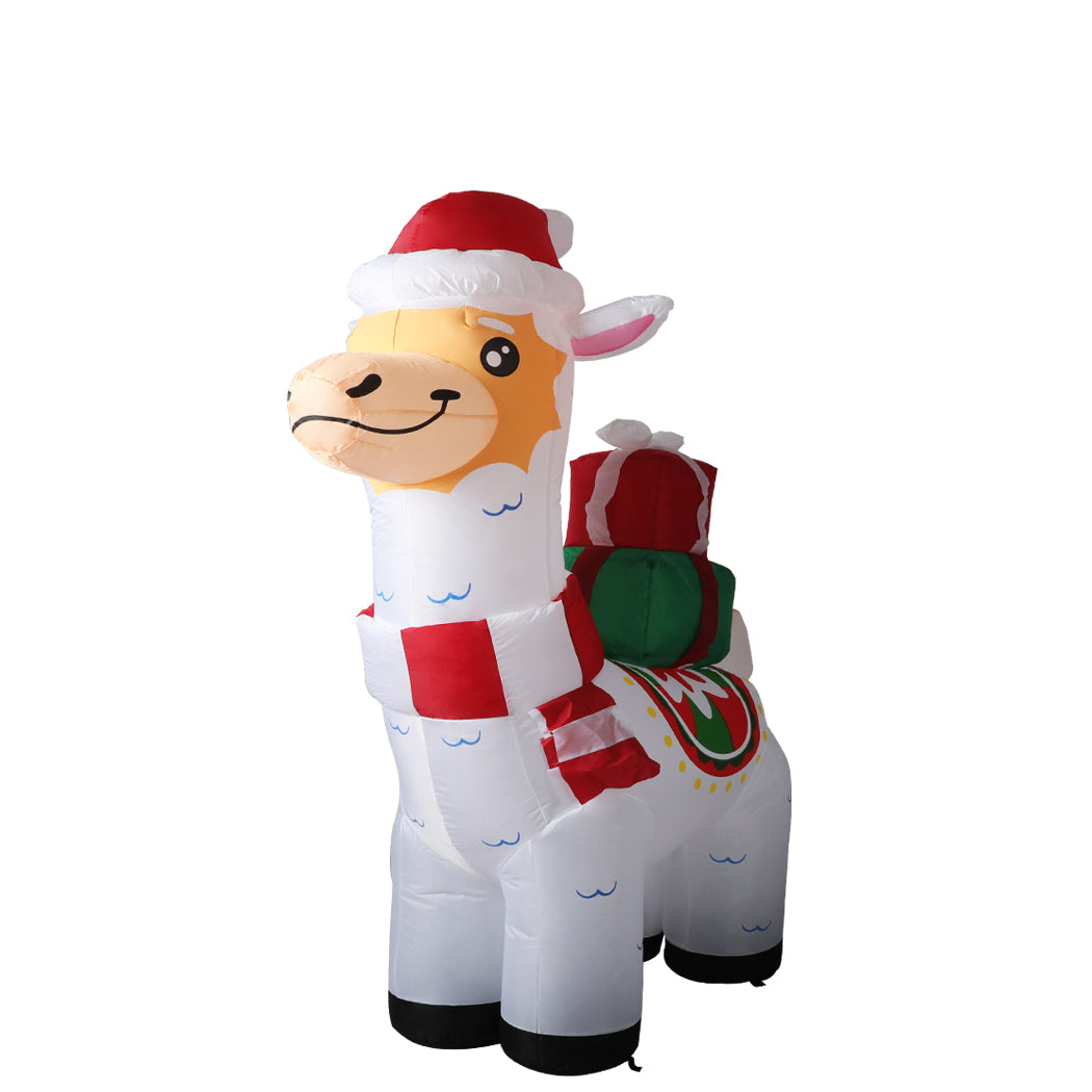 A festive 1.8M inflatable Christmas alpaca with colorful LED lights, perfect for outdoor holiday decorations.