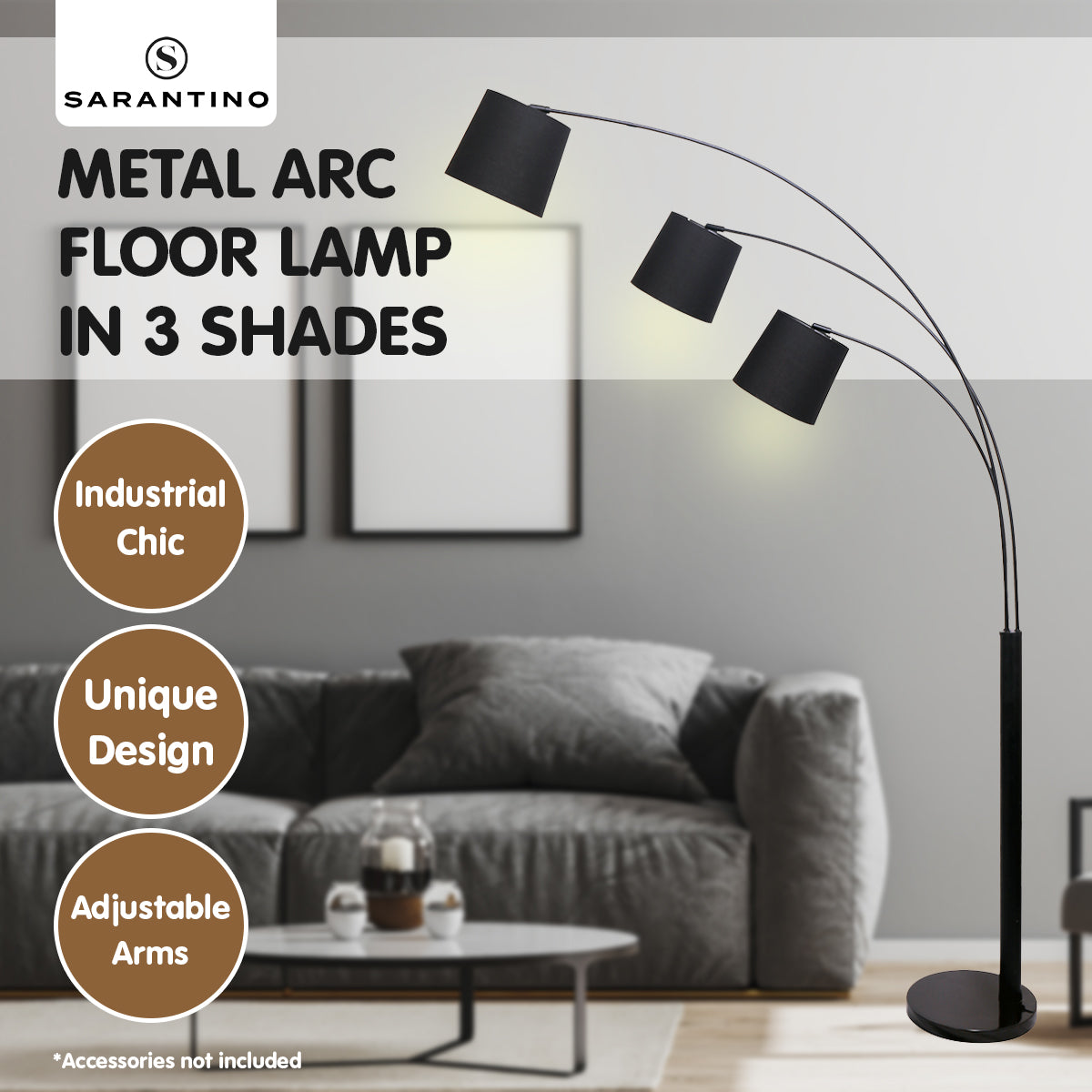 Sarantino 3-Light Arc Floor Lamp with adjustable black shades, showcasing a modern design and sturdy metal frame.