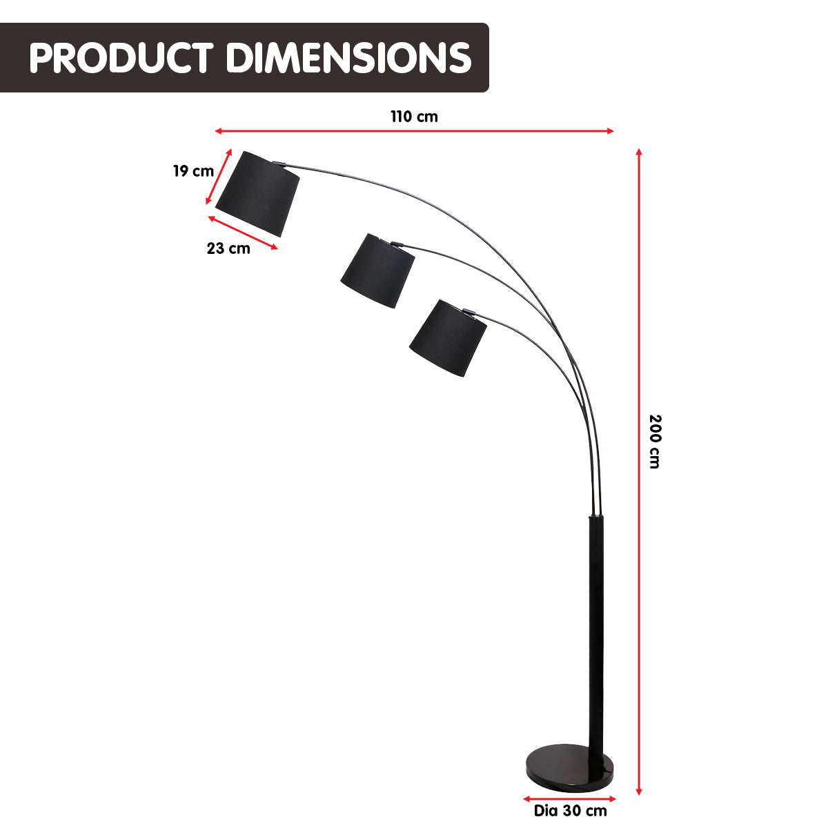 Sarantino 3-Light Arc Floor Lamp with adjustable black shades, showcasing a modern design and sturdy metal frame.
