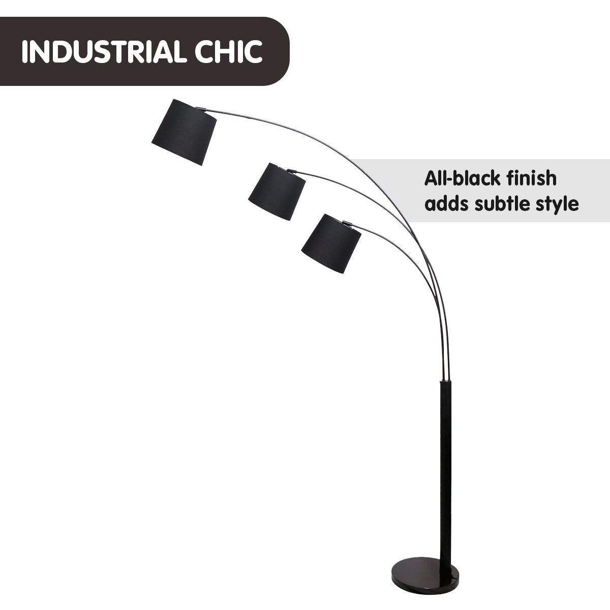 Sarantino 3-Light Arc Floor Lamp with adjustable black shades, showcasing a modern design and sturdy metal frame.