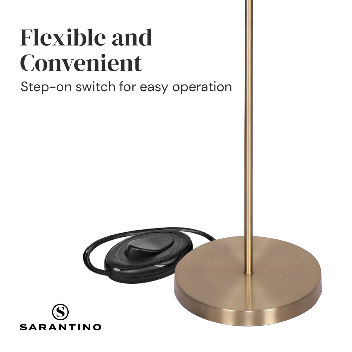 Sarantino 3-Light Gold Metal Floor Lamp with elegant glass shades, showcasing adjustable lamp heads and a stylish design.