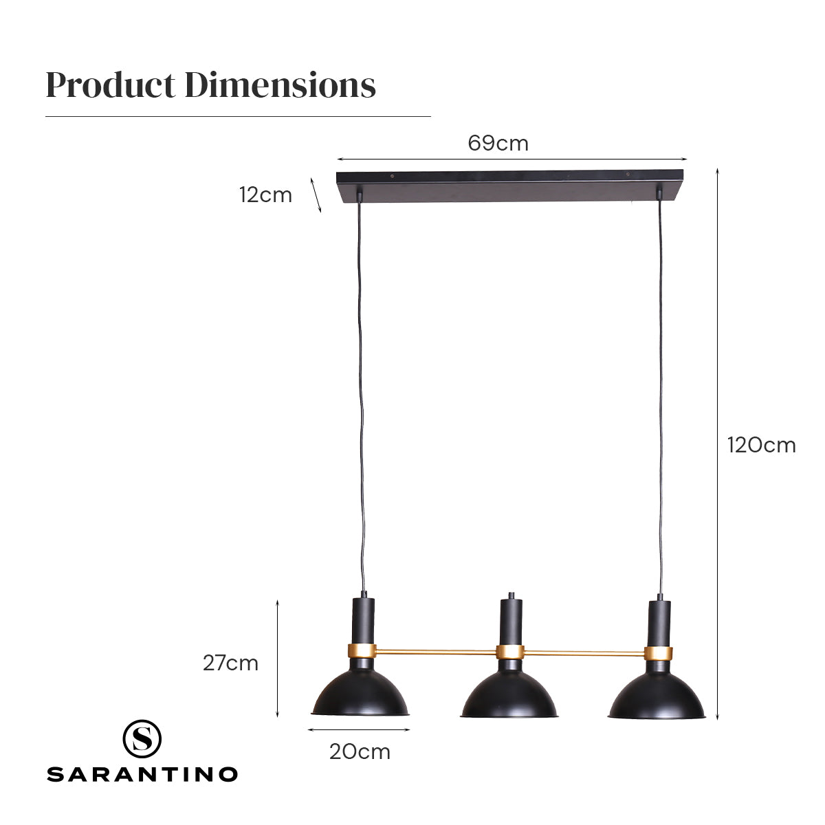 Sarantino 3-Light Hanging Pendant Lamp showcasing elegant retro design with adjustable height and three shades.