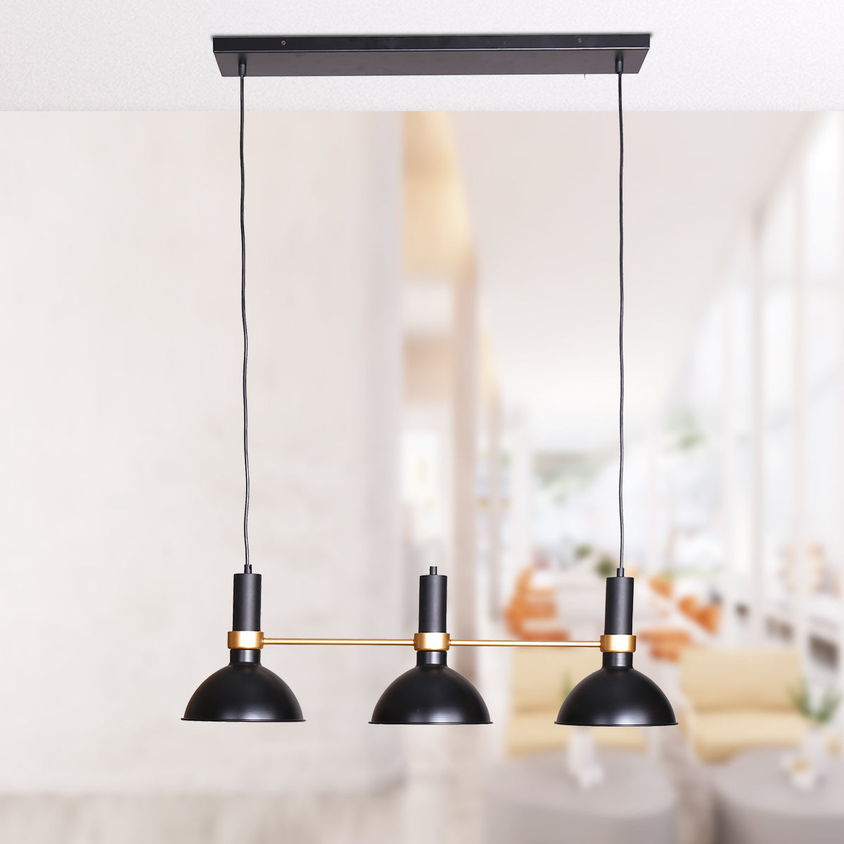 Sarantino 3-Light Hanging Pendant Lamp showcasing elegant retro design with adjustable height and three shades.