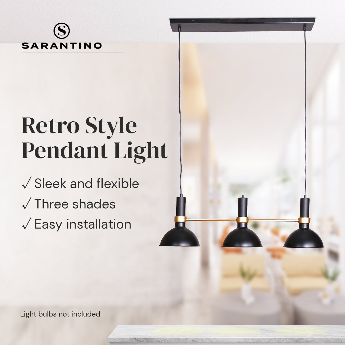 Sarantino 3-Light Hanging Pendant Lamp showcasing elegant retro design with adjustable height and three shades.