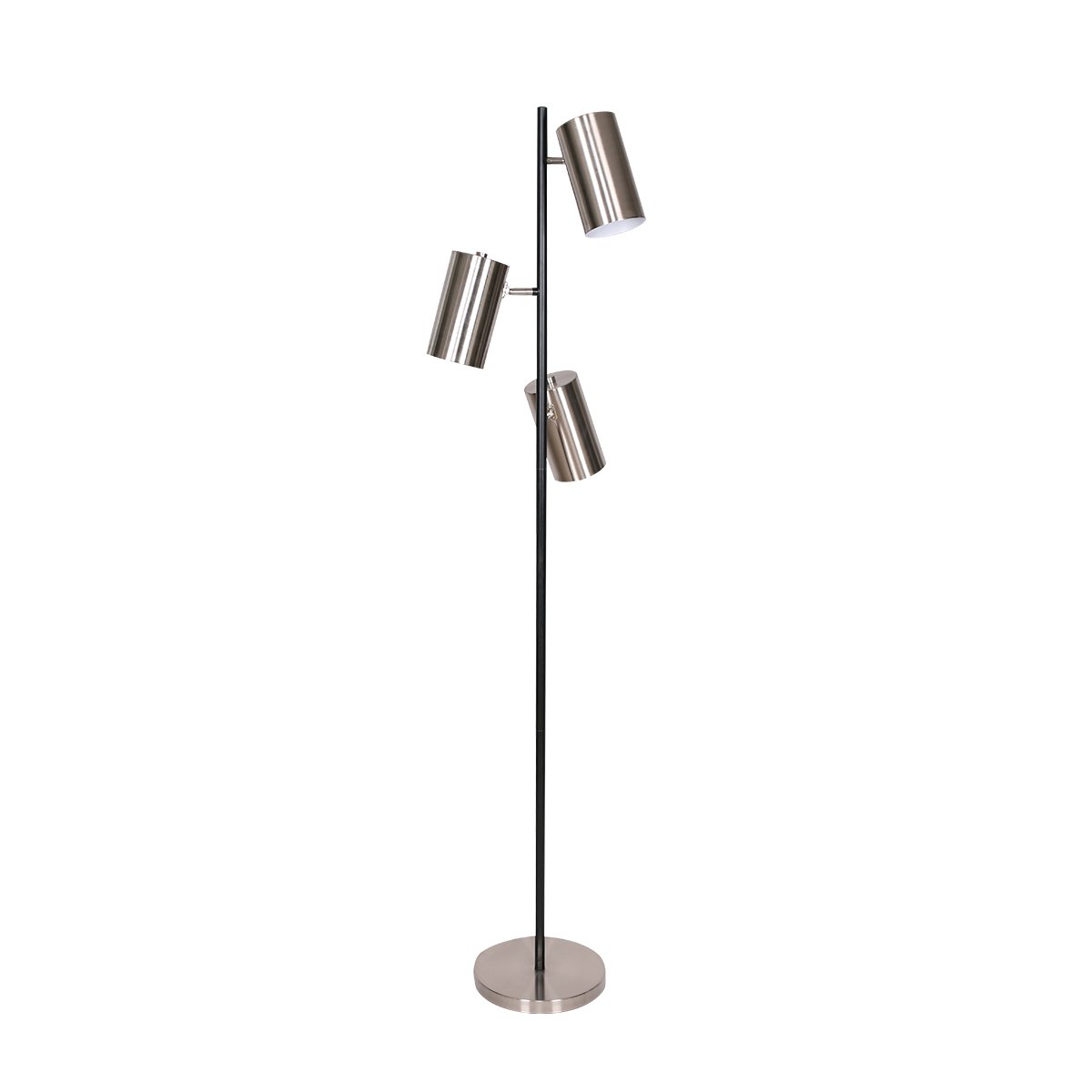 Sarantino 3-Shade Metal Floor Lamp featuring brushed nickel shades and a matte black pole, showcasing mid-century modern design.