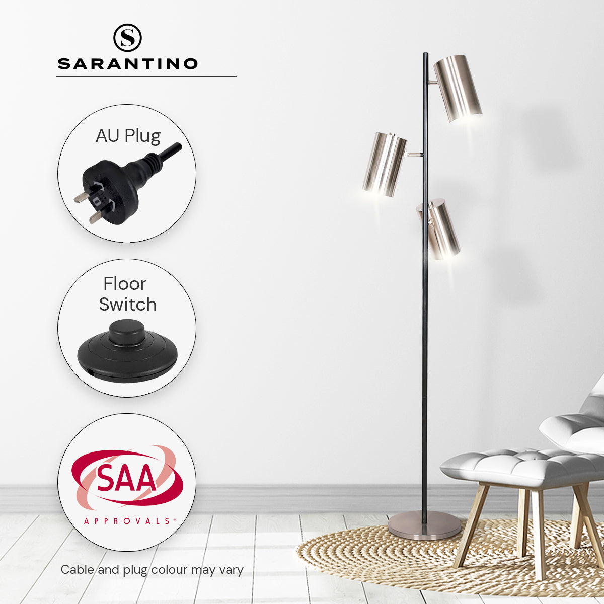 Sarantino 3-Shade Metal Floor Lamp featuring brushed nickel shades and a matte black pole, showcasing mid-century modern design.