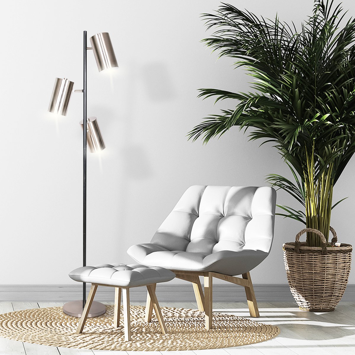 Sarantino 3-Shade Metal Floor Lamp featuring brushed nickel shades and a matte black pole, showcasing mid-century modern design.