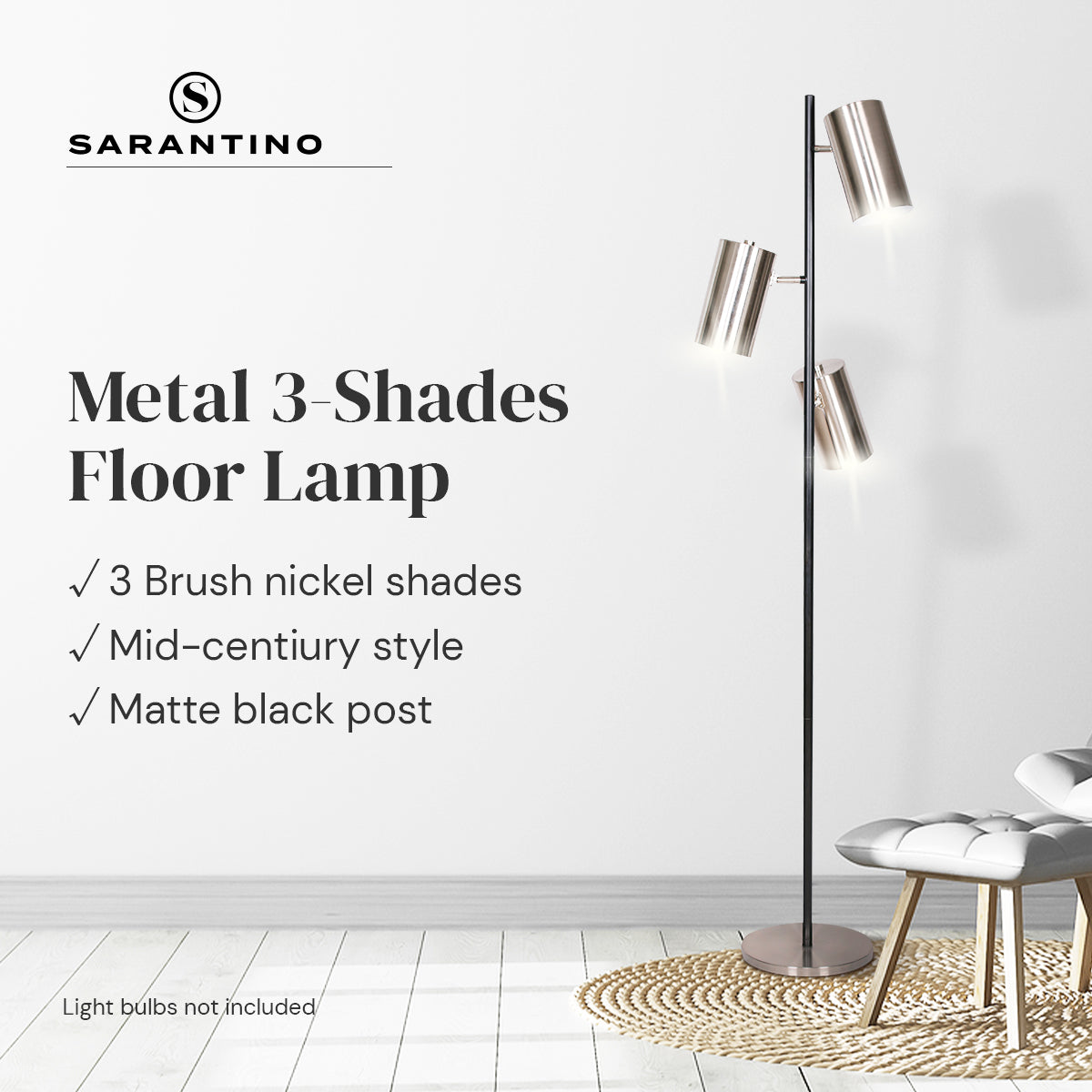 Sarantino 3-Shade Metal Floor Lamp featuring brushed nickel shades and a matte black pole, showcasing mid-century modern design.