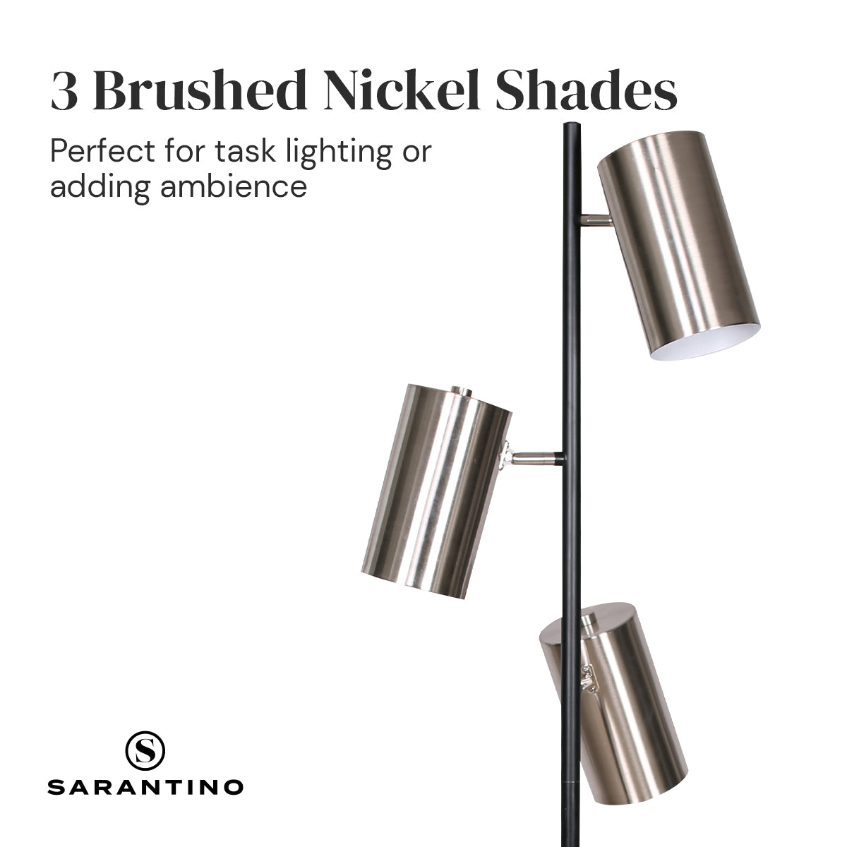 Sarantino 3-Shade Metal Floor Lamp featuring brushed nickel shades and a matte black pole, showcasing mid-century modern design.