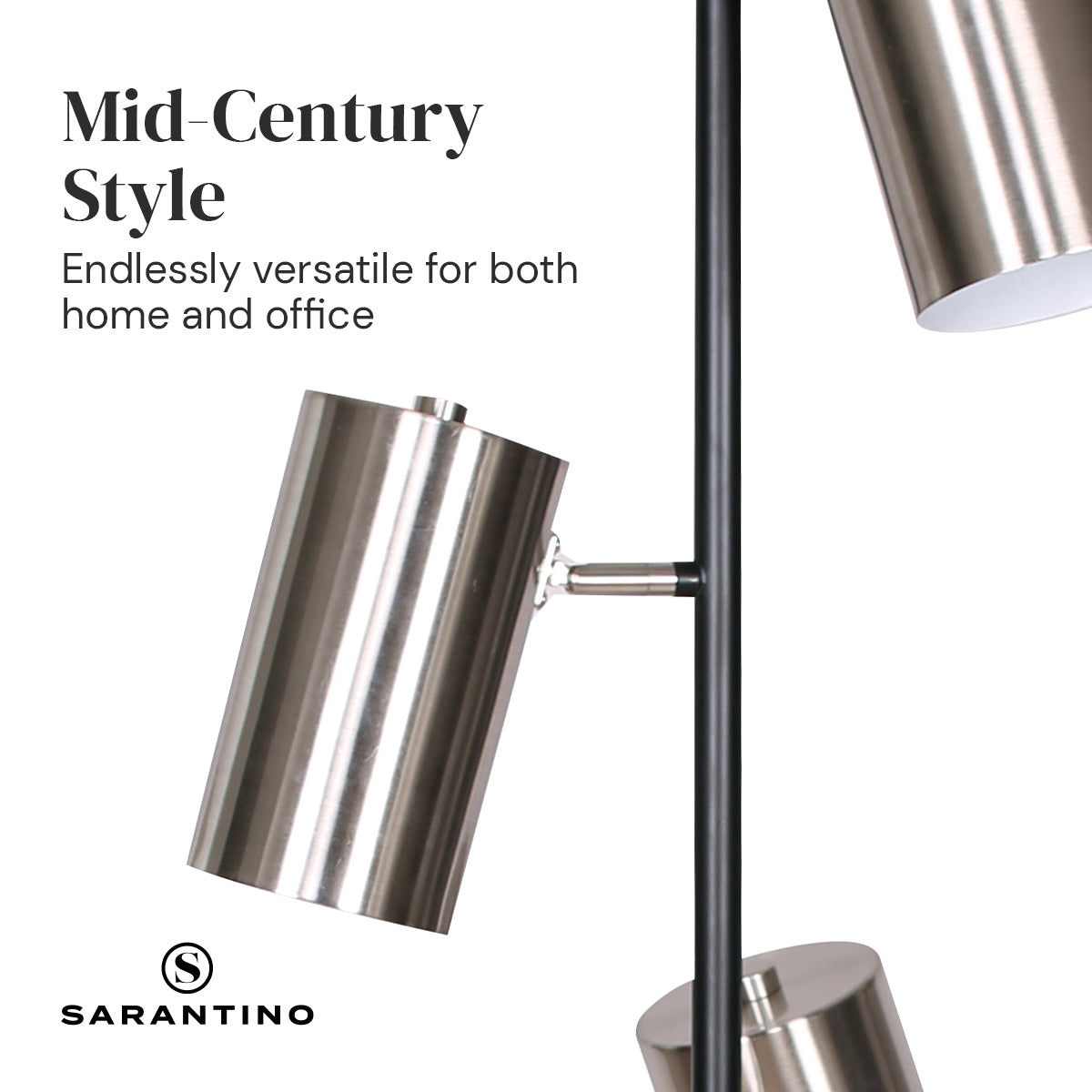 Sarantino 3-Shade Metal Floor Lamp featuring brushed nickel shades and a matte black pole, showcasing mid-century modern design.