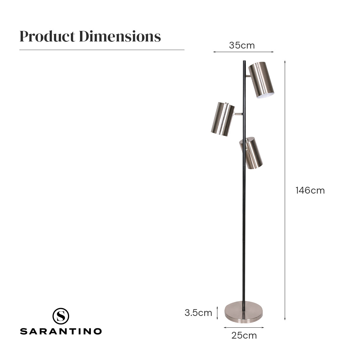 Sarantino 3-Shade Metal Floor Lamp featuring brushed nickel shades and a matte black pole, showcasing mid-century modern design.