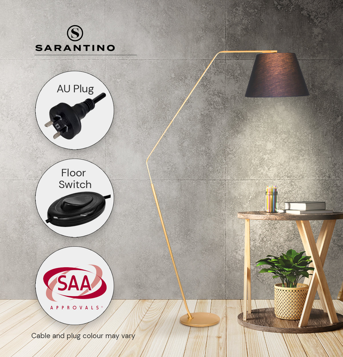 Sarantino Arc Floor Lamp featuring a black tapered shade and a stable metal base, ideal for stylish home decor.