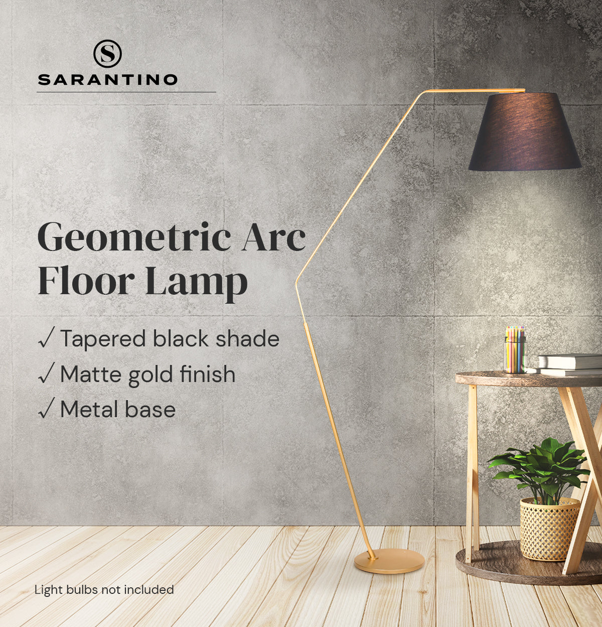 Sarantino Arc Floor Lamp featuring a black tapered shade and a stable metal base, ideal for stylish home decor.
