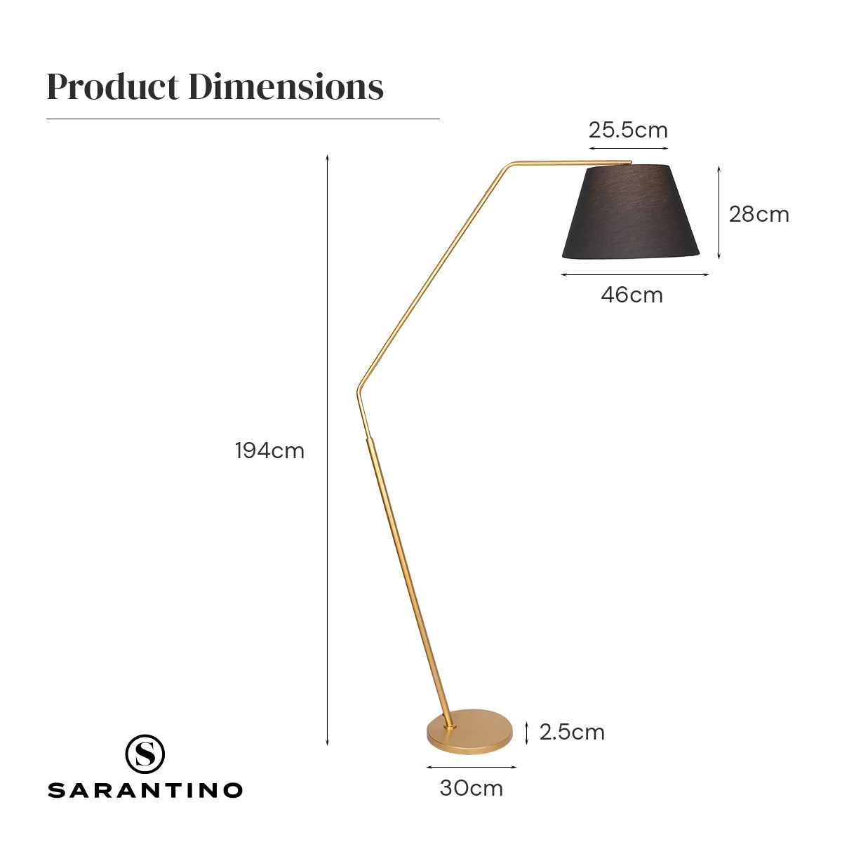 Sarantino Arc Floor Lamp featuring a black tapered shade and a stable metal base, ideal for stylish home decor.