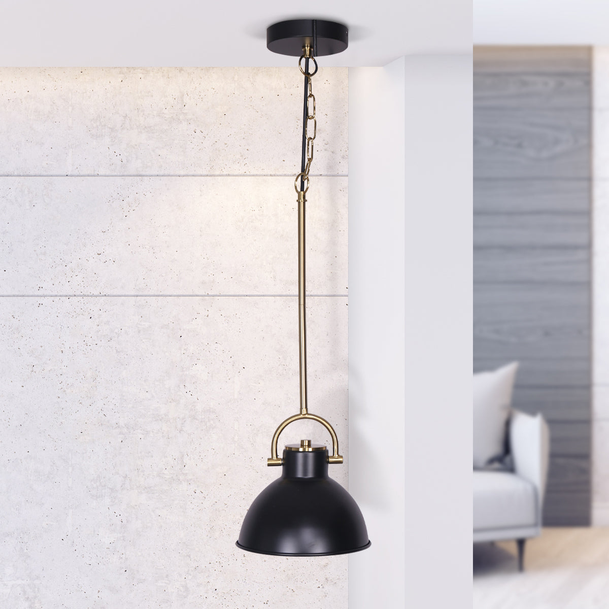 Sarantino Black and Gold Pendant Light showcasing matte black shade and brushed gold accents, adjustable height, and elegant design.