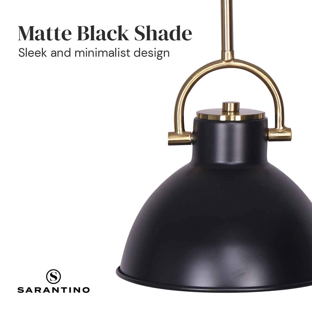 Sarantino Black and Gold Pendant Light showcasing matte black shade and brushed gold accents, adjustable height, and elegant design.